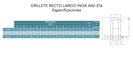 Grillete Inoxidable AISI-316 / Recto Largo - Imagen 2