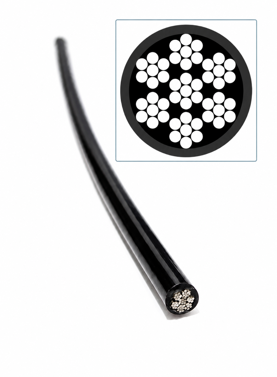 Cable negro multifilar con diagrama técnico Cable Electro Galvanizado 7X7 Con PVC Negro - Imagen 1